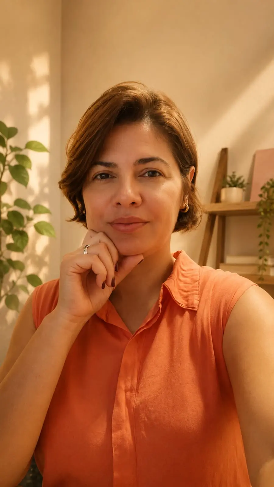 Carolina Bonfim em um ambiente acolhedor com luz natural.
