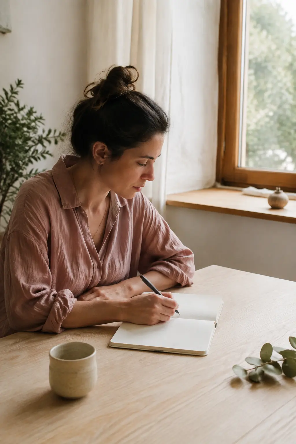 Mulher escrevendo em um caderno à mesa com luz natural.